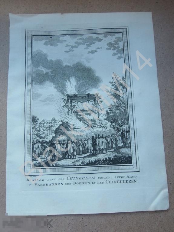 1755 Гравюра на меди Глубокий оттиск Шри-Ланка Сингальцы Сожжение мертвецов