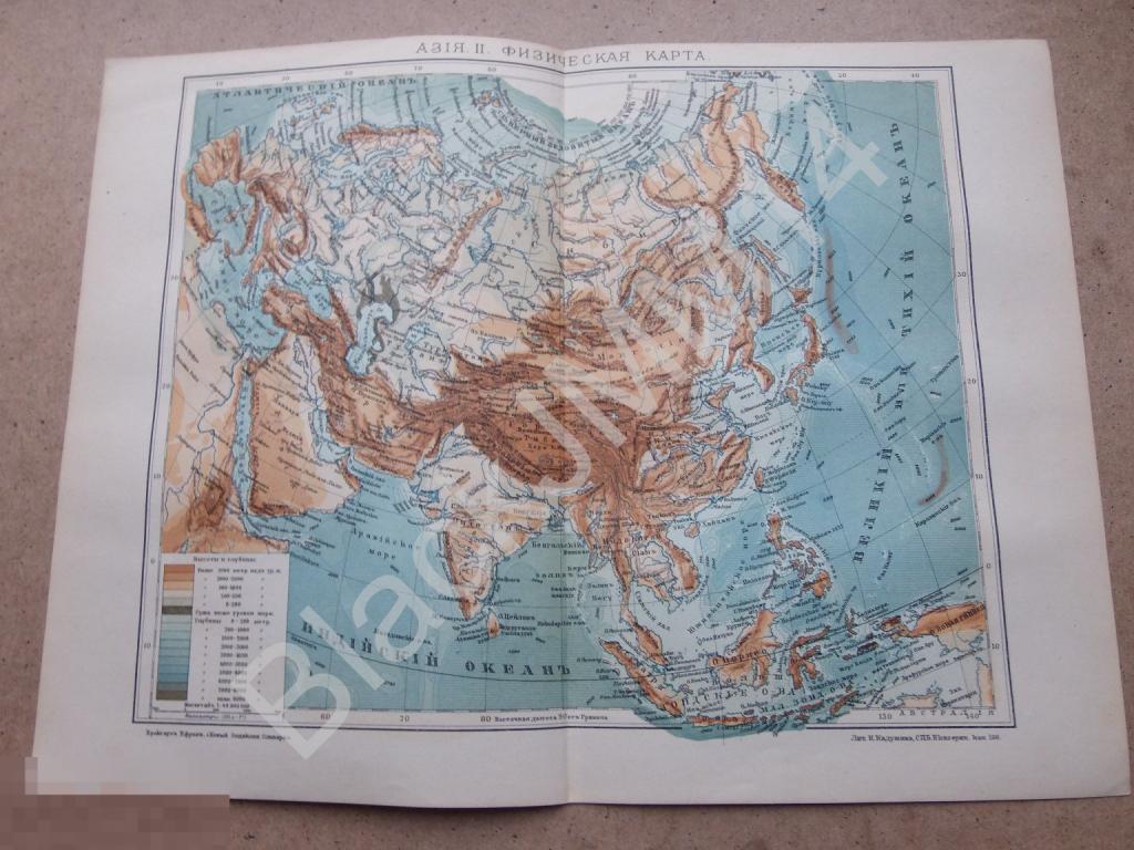 1904 г. Карта физическая Азия Китай Индия