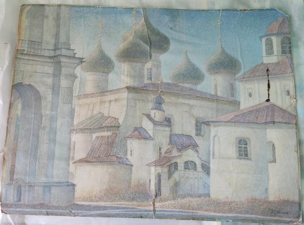 картина Собор Каргополя, картон , пастель,  Кузьмин Николай Васильевич, 1982 год
