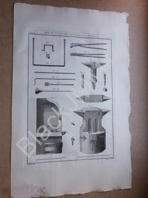 1771 г Гравюра на меди Искусство изготовления ножей Наковальня Инструмент Печь