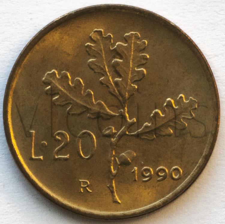Италия 20 лир 1990 Ветка дуба UNC 46171