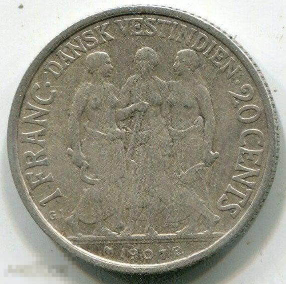 (s451988) ДАТСКАЯ ВЕСТ ИНДИЯ - 20 ЦЕНТОВ 1907 / KM81 франк серебро