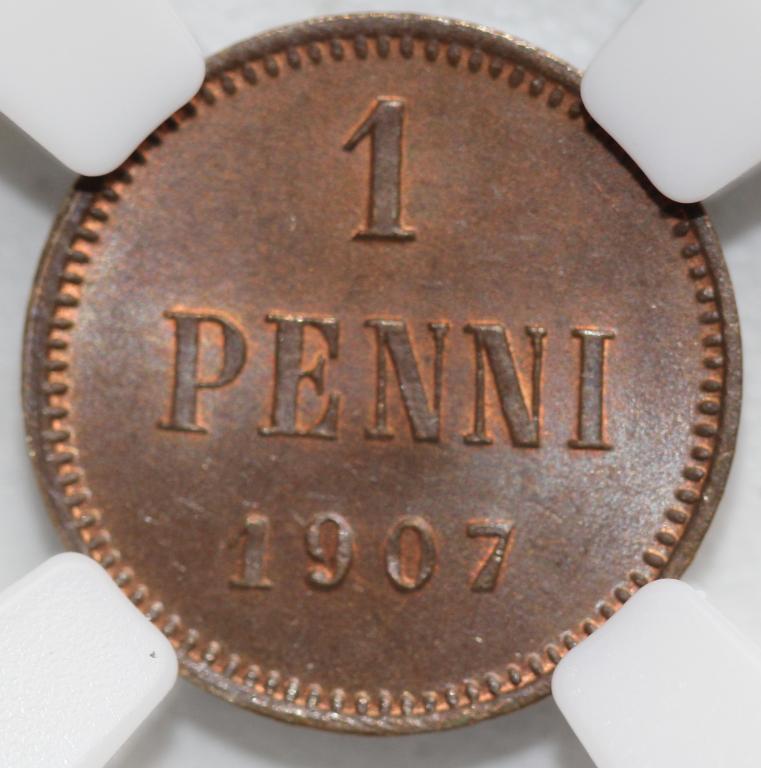 1 пенни 1907 Русская Финляндия слаб ННР MS 65 BN