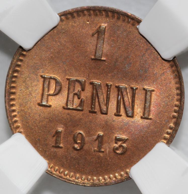 1 пенни 1913 Русская Финляндия слаб ННР MS 65 RB