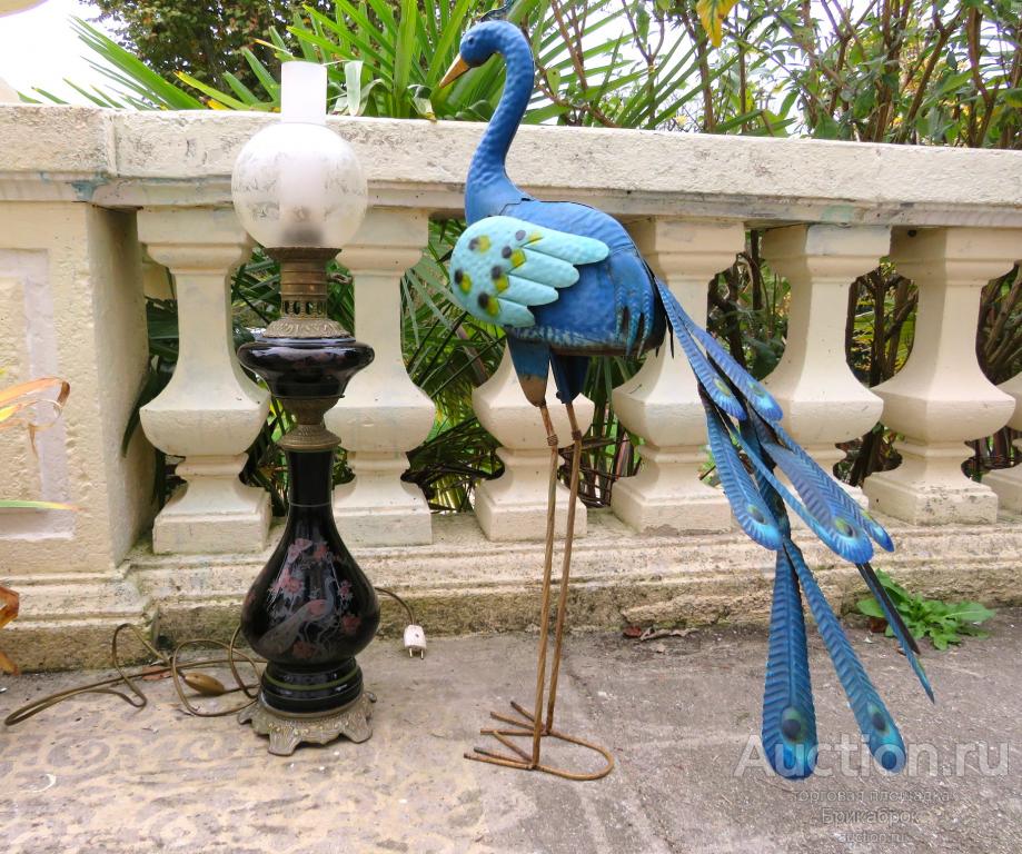 Старинная интерьерная лампа Павлин Бронза Керамика Наполеон III