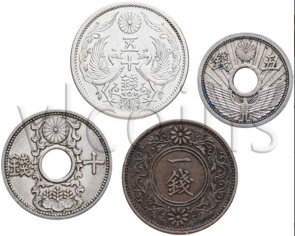 Япония набор 4 монет 1927 1938 XF AU 108591