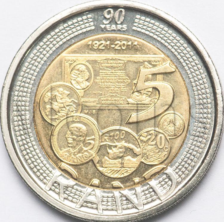 Южная Африка ЮАР 5 ранд 2011 90 лет Резервному банку UNC 56901