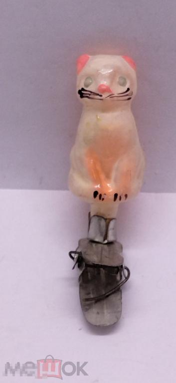 ЁЛОЧНАЯ -ИГРУШКА .МИНИ  КОШКА МУРЁНКА  "Серебряное копытце" СССР Стекло.