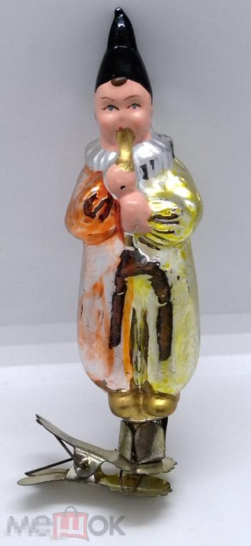 ЁЛОЧНАЯ ИГРУШКА "КЛОУН С ДУДОЧКОЙ" ПРИЩЕПКА.СТЕКЛО.СССР