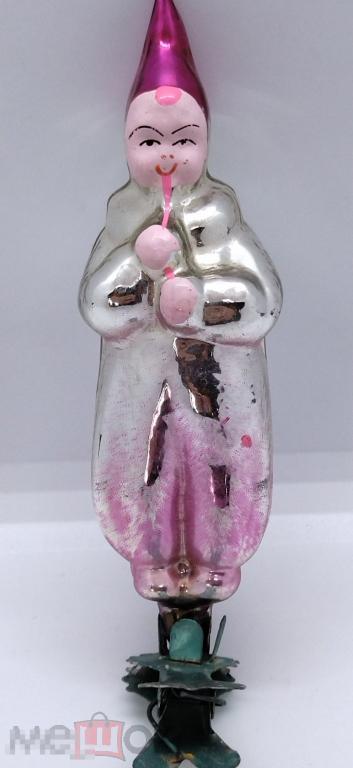 ЁЛОЧНАЯ ИГРУШКА КЛОУН С ДУДОЧКОЙ   СТЕКЛО. СССР.