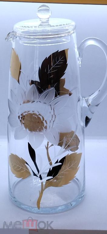 КУВШИН "ПОДСОЛНУХ"  ШЛИФОВКА, ПОЗОЛОТА. ВИНТАЖ BOHEMIAЧЕХОСЛОВАКИЯ