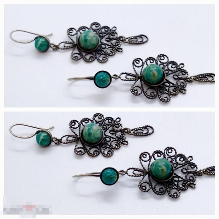 СЕРЬГИ МЕЛЬХИОР, АМАЗОНИТ, СКАНЬ. ВИНТАЖ СССР  6*2,3см