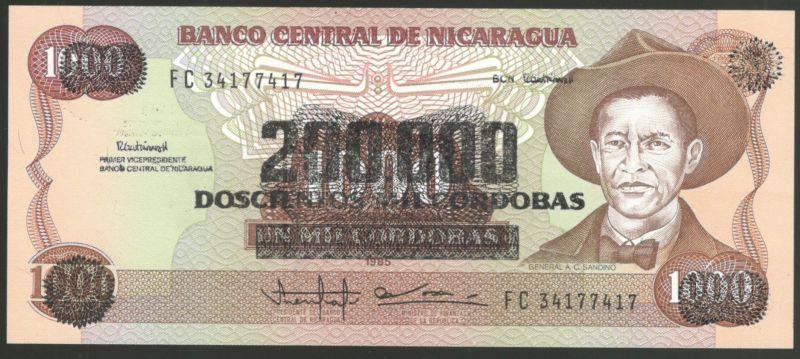 1000 кордоба 1985(1990) Никарагуа (надпечатка 200000 кордоба) UNC (031639)