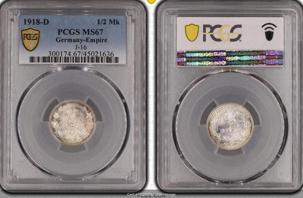 Германия Кайзеррейх 1/2 марки 1918 D PCGS MS67 J#16 очень редкая!