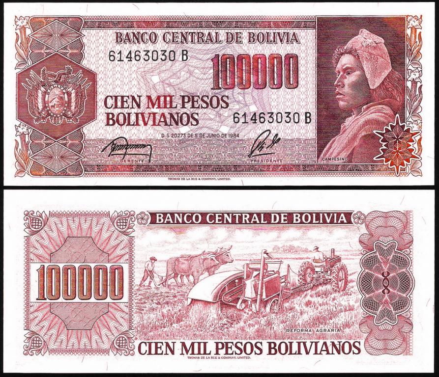Боливия 100000 боливиано 1984 год. UNC