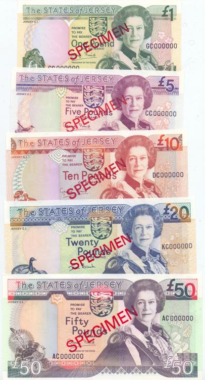 1, 5, 10, 20, 50 ФУНТОВ, 1993 г., ДЖЕРСИ, ОБРАЗЕЦ, UNC