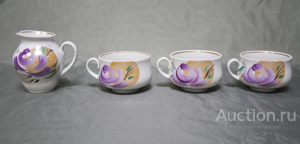 Часть чайного сервиза Молочник и 3 чашки, Агашки, Дулево, 1994 год  (23)