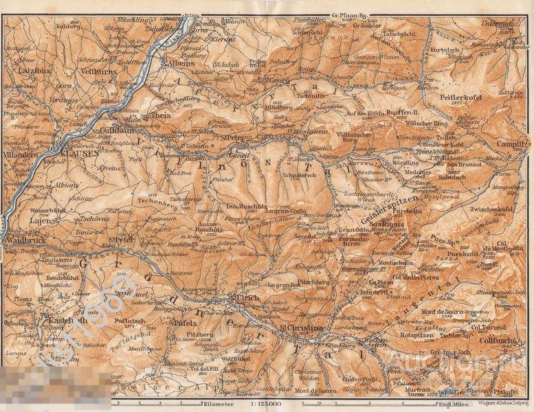 ГЕОГРАФИЧЕСКАЯ КАРТА 1912 г. ИТАЛИЯ. ДОЛИНЫ ВАЛЬ-ГАРДЕНА И ВАЛЬ ДИ ФУНЕС. БЕДЕКЕР