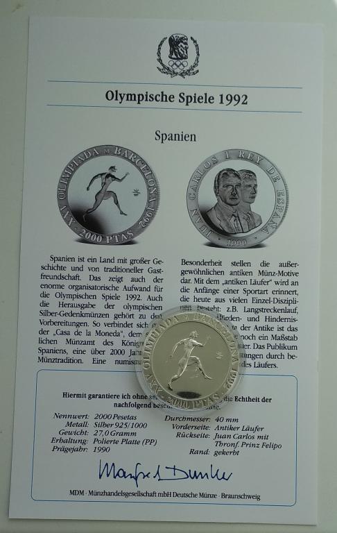 Испания 2000 песет 1990 Олимпиада в Барселоне 1992 Бегун пруф серебро сертификат