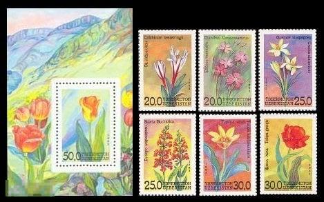 Узбекистан 1993 год. Флора. Цветы. блок+6м **