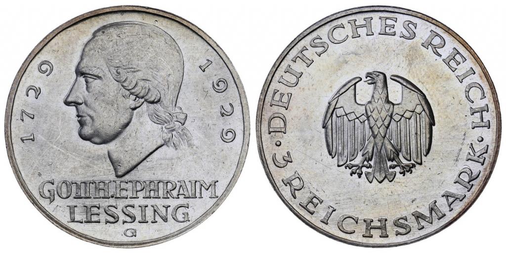 Веймарская Республика 3 марки 1929G Готхольд Лессинг ННР UNC Det. (0144)