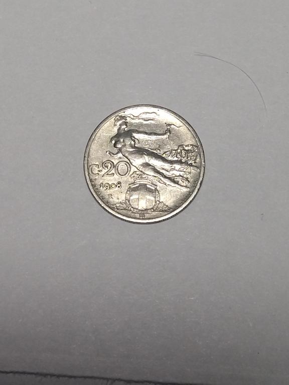 Италия. 20 чентезимо 1908 год.