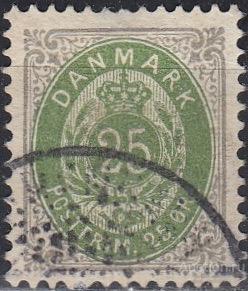 1875г., Дания, стандарт, зуб. 12,5, 25 ore(Mi 29IIYB), гаш.