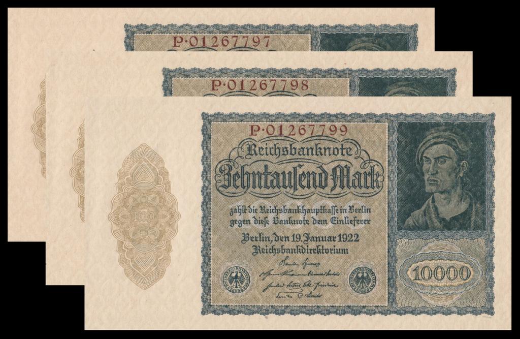 ГЕРМАНИЯ 10000 марок 1922 P72 UNC (8-значный номер, 3 номера подряд)