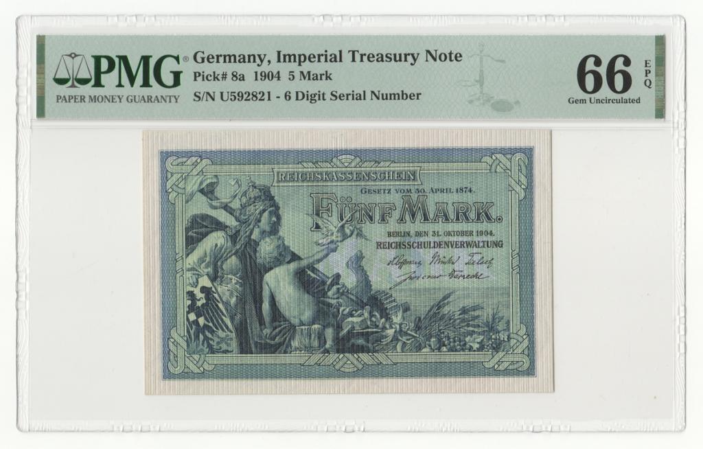 ГЕРМАНИЯ 5 марок 1904 P8a UNC PMG 66 EPQ (6-значный номер)