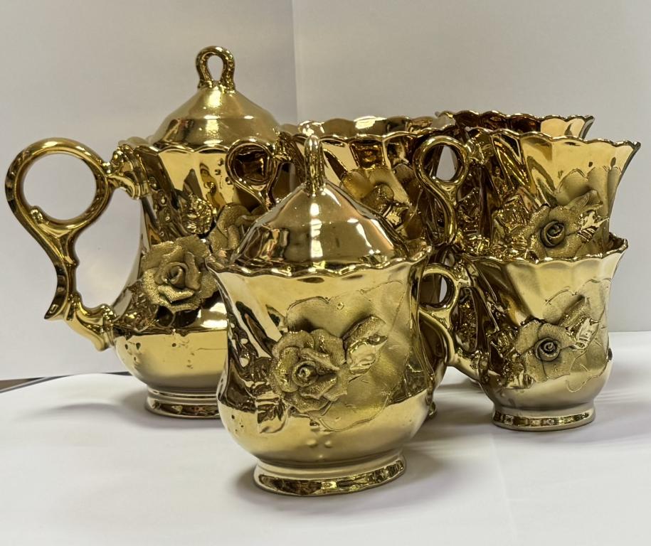 Чайный сервиз Роза СТЕКЛО Золото 8 предметов (чайник заварник, сахарница, чашки)