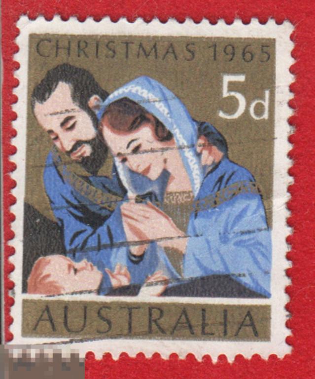 Марка Австралия 1965 год. Рождение Иисуса. Молитва Католицизм. Святые. Православие вера Святые места