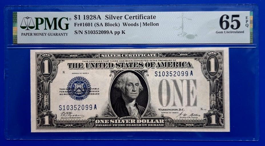 США 1 доллар 1928гА S 10352099 A  Silver Certificate .. слаб PMG 65 EPQ