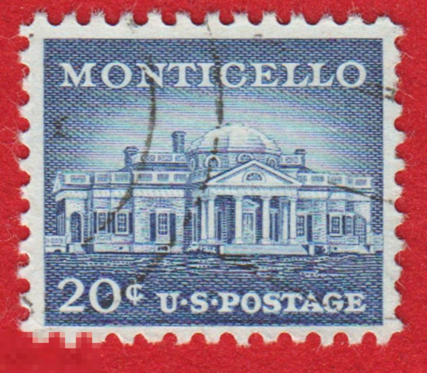 Марка США 1953 год. Монтичелло Усадьба Томаса Джефферсо Достопримечательности Вашингтона Архитектура
