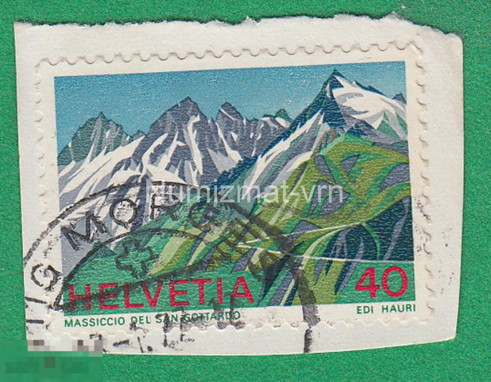 Марка Швейцария. 1977 г.  Горы Швейцарии. Альпы. Швейцарские Альпы. Вырезка. Редкий экземпляр.