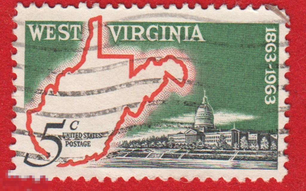 Марка США 1956 год. Западная Виргиния Штат Западная Вирджиния на карте США. Картография