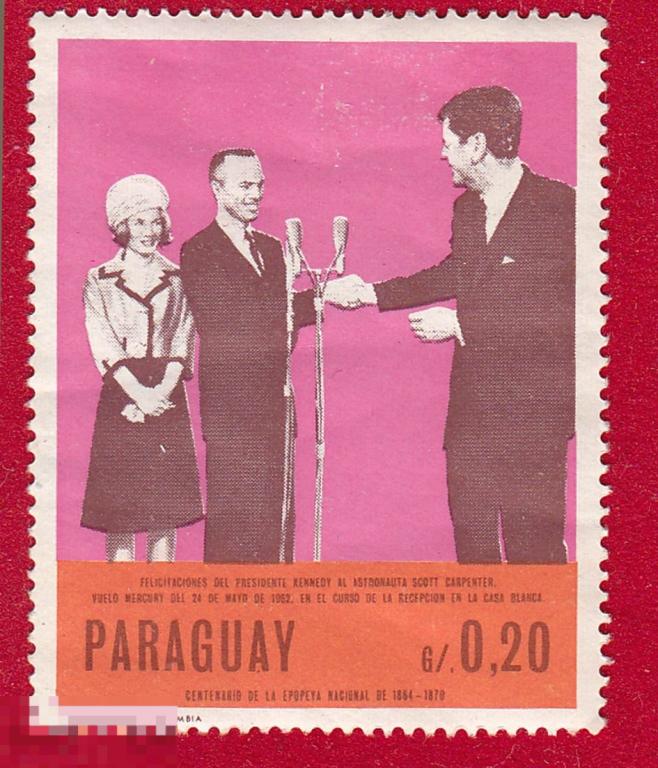Марка Парагвай 1959 год. Президент Кенеди и астронавт Скотт Карпентер Личности.