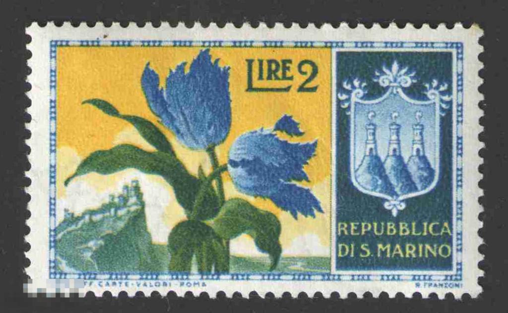 Марка Сан-Марино 1953 год Попугай тюльпан Тюльпан растение семейства Лилейные Цветы