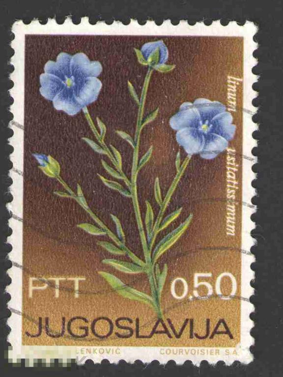 Марка Югославия 1967 год. Лён обыкновенный лён посевной однолетнее травянистое растение Цветы