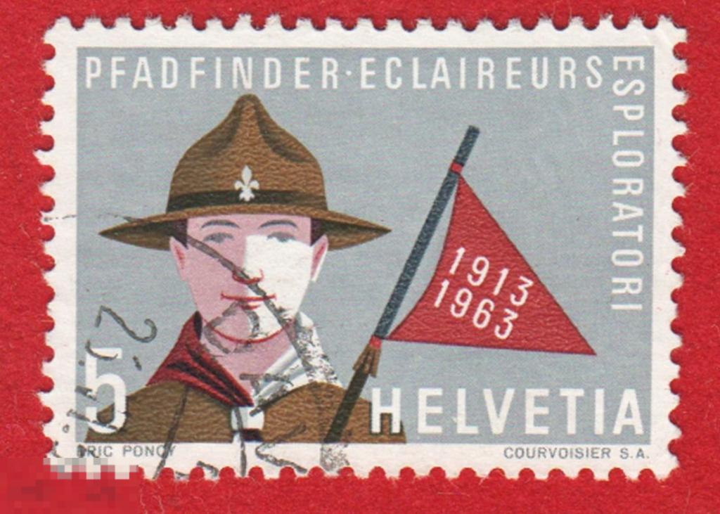 Марка Швейцария 1963 год. 100 лет Скаутскому движению. Скаут. Военные. Солдаты. Армия Швейцарии.