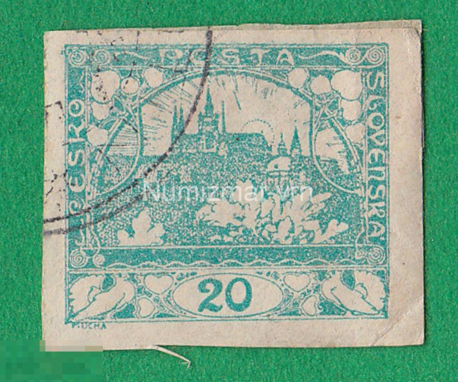 Марка Чехия и Словакия 1920 г. Редкость! Пробный выпуск! 20 Крон! Редкость! Беззубцовка.
