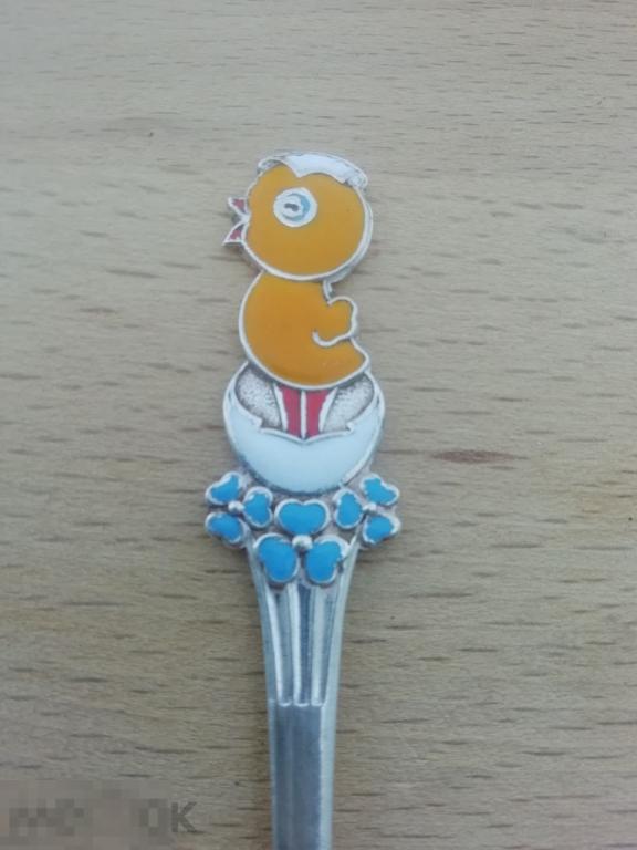 Ложка детская цыплёнок. Эмаль. Мельхиор. СССР.