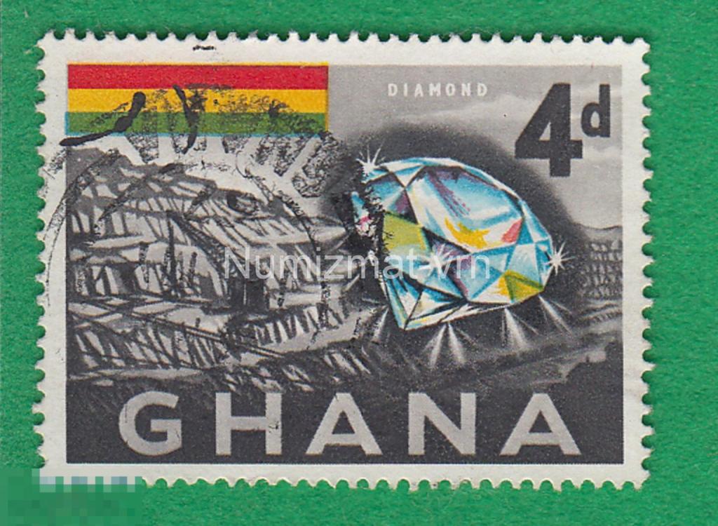 Марка Гана 1967 г. Бриллианты. Драгоценные камни. Добыча и обработка алмазов. Бриллиант.