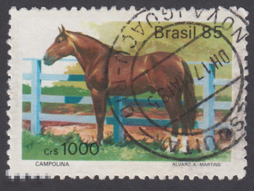 Марка Бразилия 1985 год. Марахоара (Equus olin caballus) Домашняя лошадь Редкость.