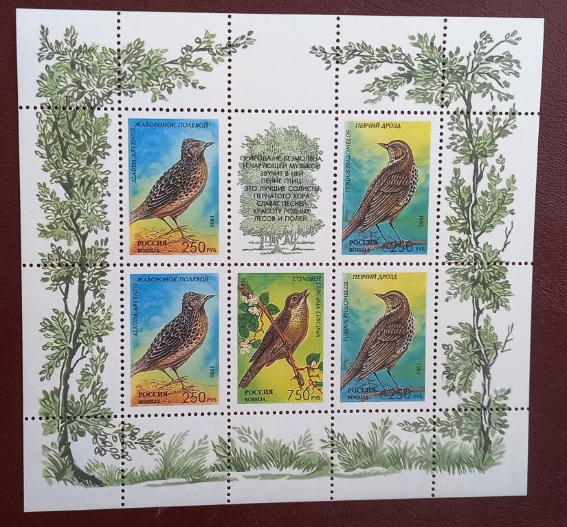 Россия 1995 год Фауна Певчие Птицы России Малый Лист.  MNH