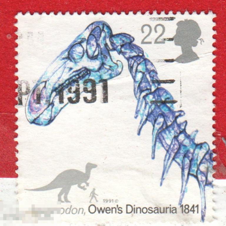 Марка Великобритания 1974 год Динозавры Ископаемые остатки Окаменелости Скелет динозавра Археология