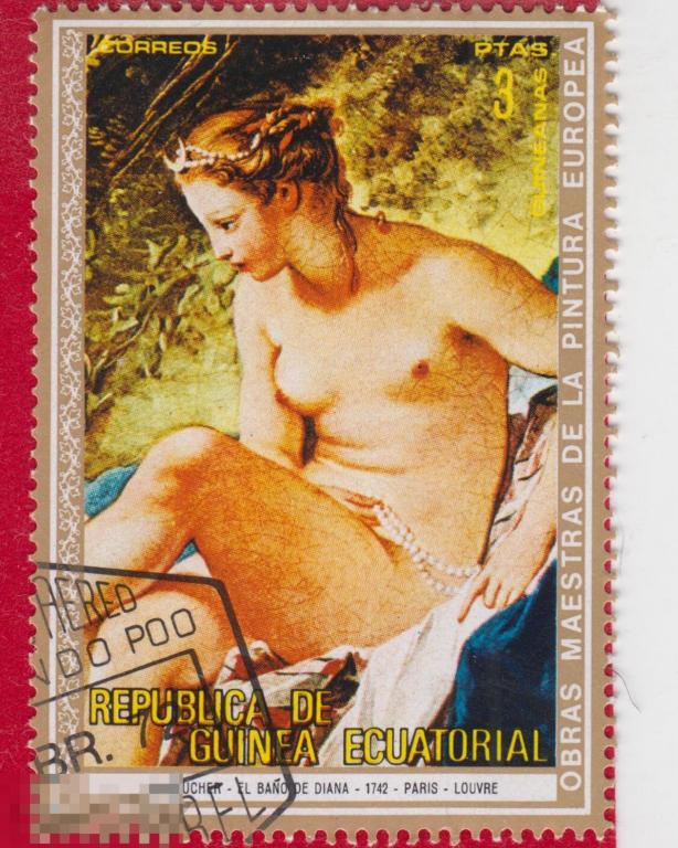 Марка Экваториальная Гвинея 1973 год. Франсуа Буше «Купание Дианы». картины