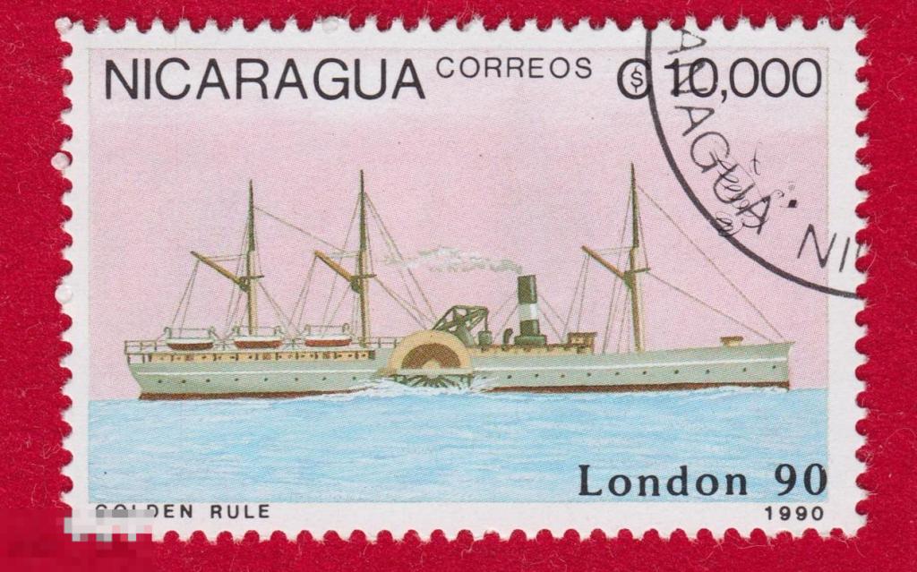 Марка Никарагуа 1990 год. Золотое правило пароход - Golden Rule. Пароходы. Корабль. Флот