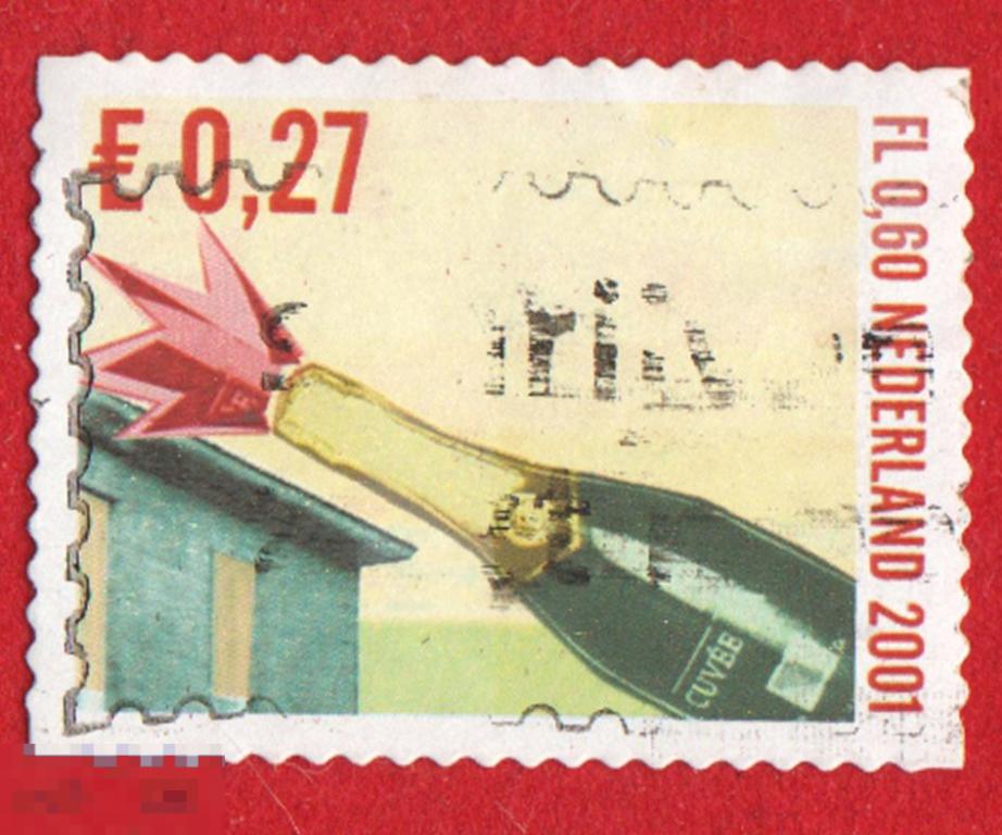 Марка Нидерланды 2001 год. Новый год. Шампанское. Сюрприз. Национальные праздники и выставки.