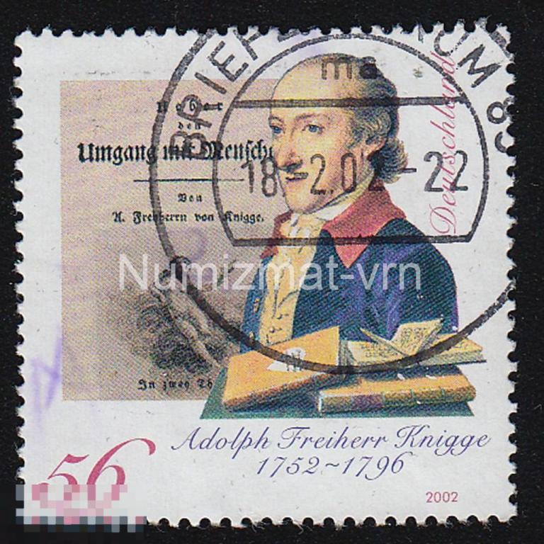 Марка Германия. 2002 г. Адольф Книгге немецкий писатель идеолог Иллюминатов. Известные люди Германии