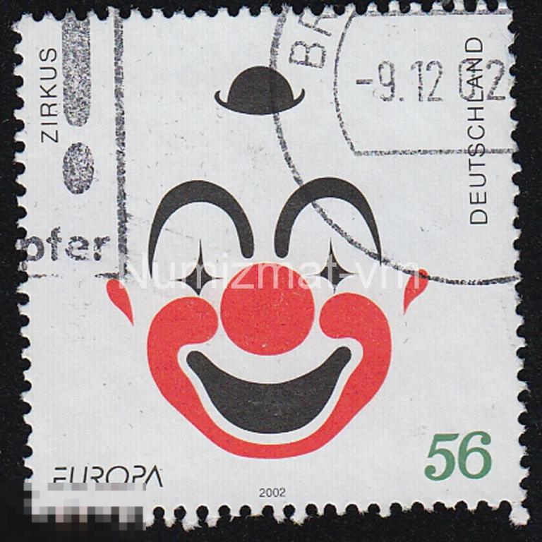 Марка Германия. 2002 г. Цирк Германии. Клоуны. Праздники для детей. Клоун. Цирковое искусство.